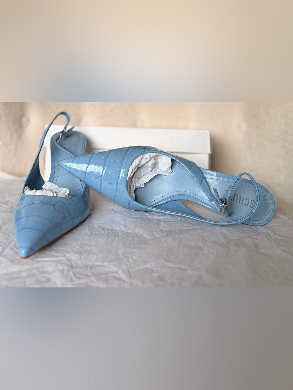 Schutz Light Blue Croc-Embossed Slingback Pointed Heels - Picture 4 of 5